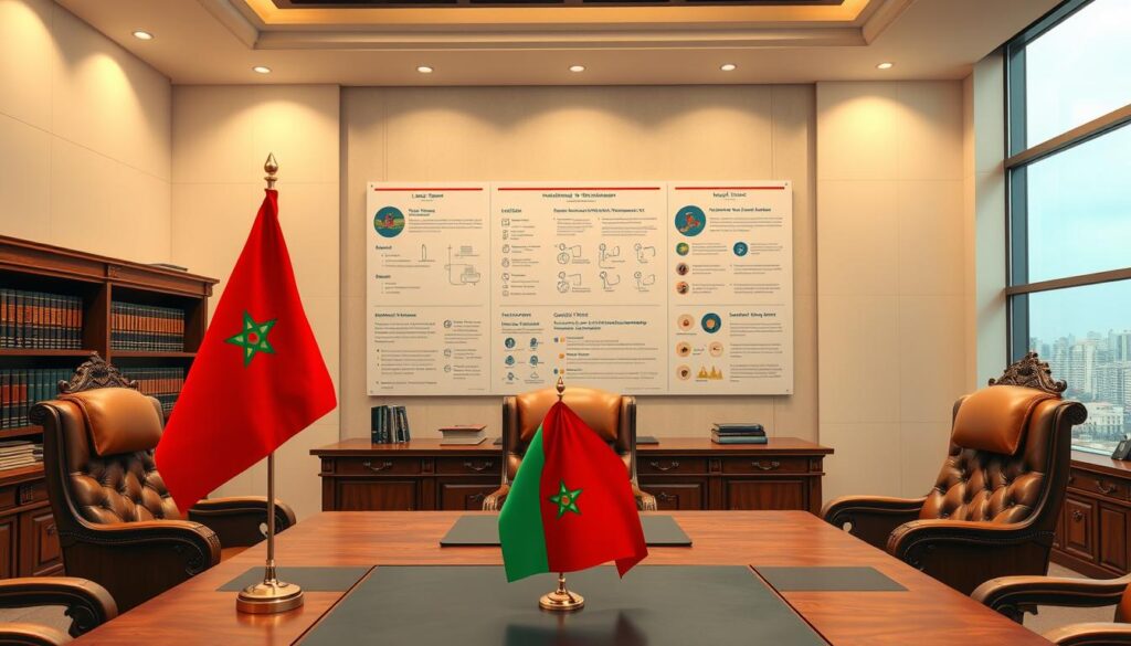 A high-resolution image of a clean, well-organized government office interior with a large, ornate wooden desk, plush leather chairs, and shelves filled with legal documents. Warm, indirect lighting casts a professional, authoritative atmosphere. In the foreground, a Moroccan flag stands prominently on the desk, signifying the legislative and regulatory framework of the country. The middle ground shows a wall-mounted display with detailed infographics explaining key elements of Moroccan sanitation and wastewater management laws and policies. The background depicts a panoramic view of the Casablanca skyline through large windows, reinforcing the national context. The overall scene conveys a sense of stability, order, and technical expertise in the Moroccan legislative system pertaining to infrastructure and environmental protection.