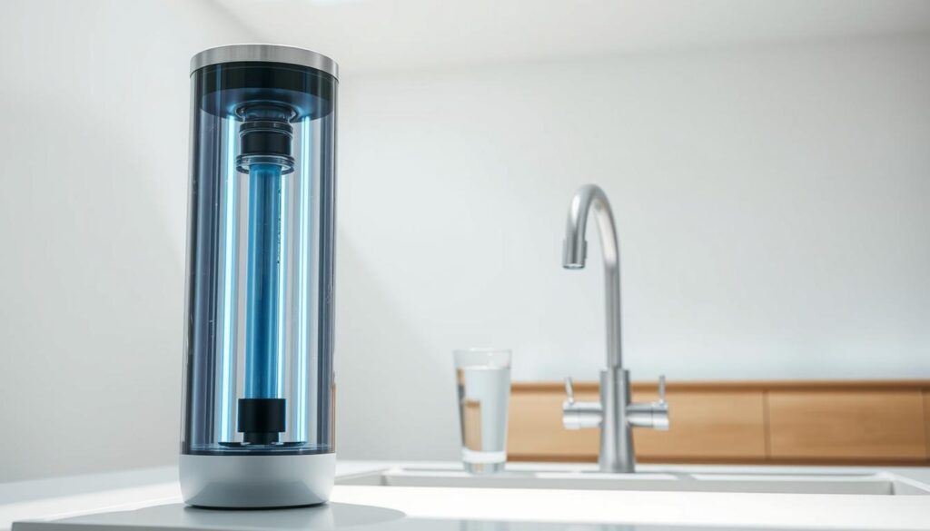 A high-resolution image of an ultraviolet water treatment system. In the foreground, a sleek, cylindrical UV disinfection unit with a transparent housing, revealing the internal components. In the middle ground, a faucet and a glass of clear, filtered water, emphasizing the end result. The background features a simple, minimalist interior, with clean lines and neutral tones, highlighting the modern, efficient design of the water treatment system. The lighting is soft and natural, casting gentle shadows and creating a sense of clarity and purity. The overall mood is one of technological sophistication and environmental responsibility.