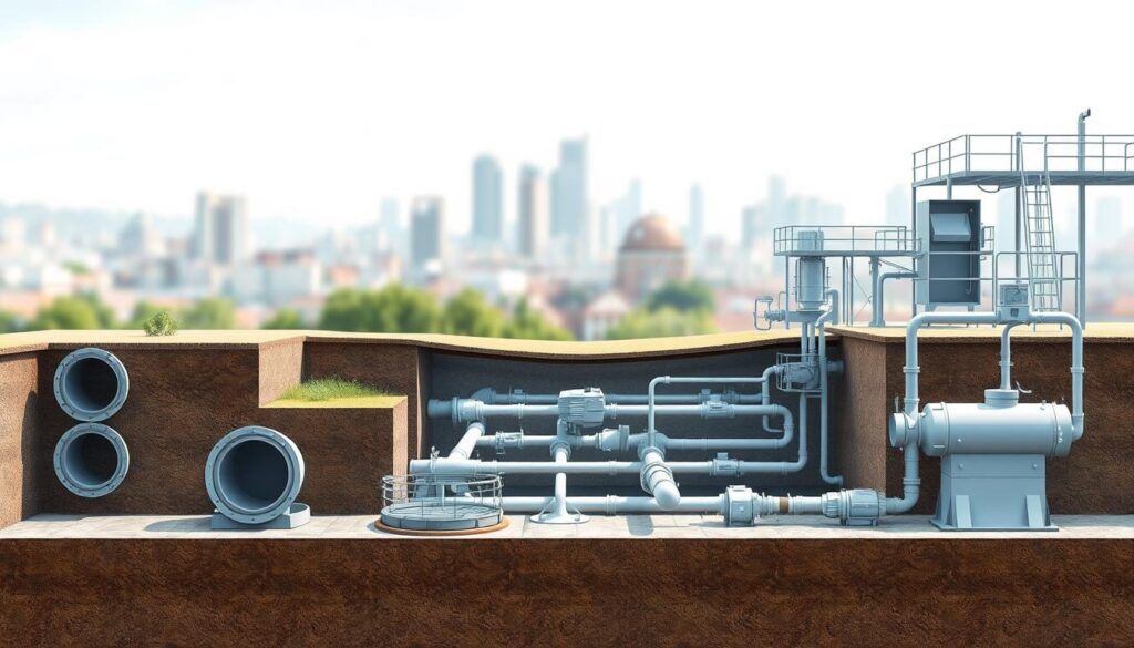 A highly detailed architectural illustration showcasing various "Ouvrages types ONEP" in a clean, technical style. The foreground features a selection of different structural components such as manholes, pipes, and treatment facilities, precisely rendered with attention to engineering specifications. The middle ground depicts a network of these elements connected through a cohesive underground sewage system. In the background, a softly blurred cityscape provides context, emphasizing the integration of these utility structures within the larger urban landscape. The scene is illuminated by a crisp, directional light source, casting subtle shadows that accentuate the volumetric forms. The overall mood is one of functional elegance, conveying the essential role these "Ouvrages types ONEP" play in modern municipal infrastructure.