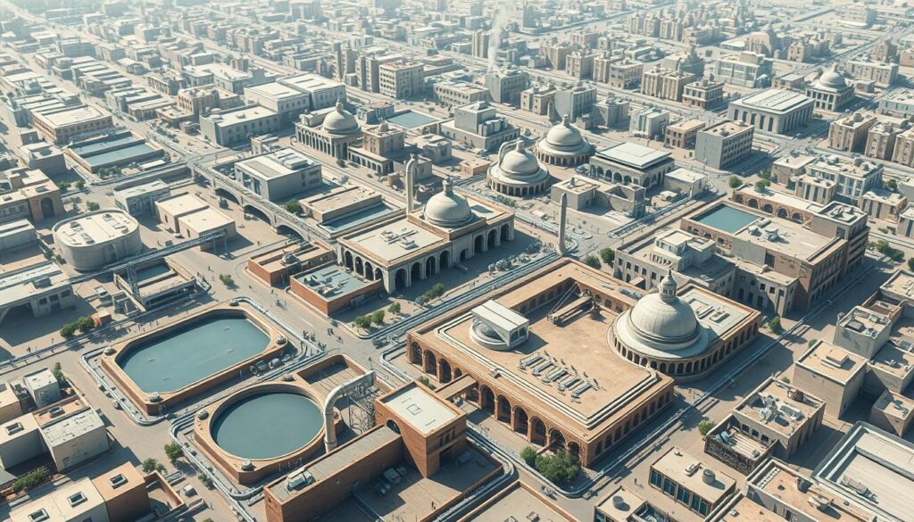 A highly detailed illustration of Morocco's sanitation regulations, showcasing a comprehensive urban landscape with a focus on water treatment facilities, sewage systems, and environmental regulations. The scene should convey a sense of technical precision and governmental oversight, with clean lines, muted colors, and a slight technical-schematic aesthetic. Capture the interplay between infrastructure, policy, and environmental sustainability, depicted through a bird's-eye view that allows the viewer to appreciate the scope and complexity of the subject matter. Lighting should be neutral, with a subtle emphasis on technical elements and architectural details that convey the essence of Morocco's sanitation regulations.