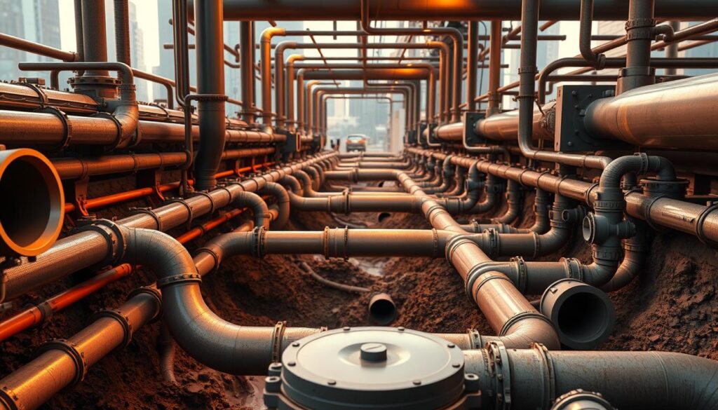 A highly detailed, large-scale sewage collection network system with intricate underground pipelines, manholes, and interconnected junctions. The scene is illuminated by warm, soft lighting, providing a clear, technical view of the layout. The pipes are made of sturdy, durable materials, and the overall design emphasizes efficiency, functionality, and reliability. The background features a subtly blurred cityscape, hinting at the broader urban environment served by this critical infrastructure. The composition showcases the complex, interconnected nature of the wastewater collection system, highlighting its importance in supporting a thriving, sustainable community.