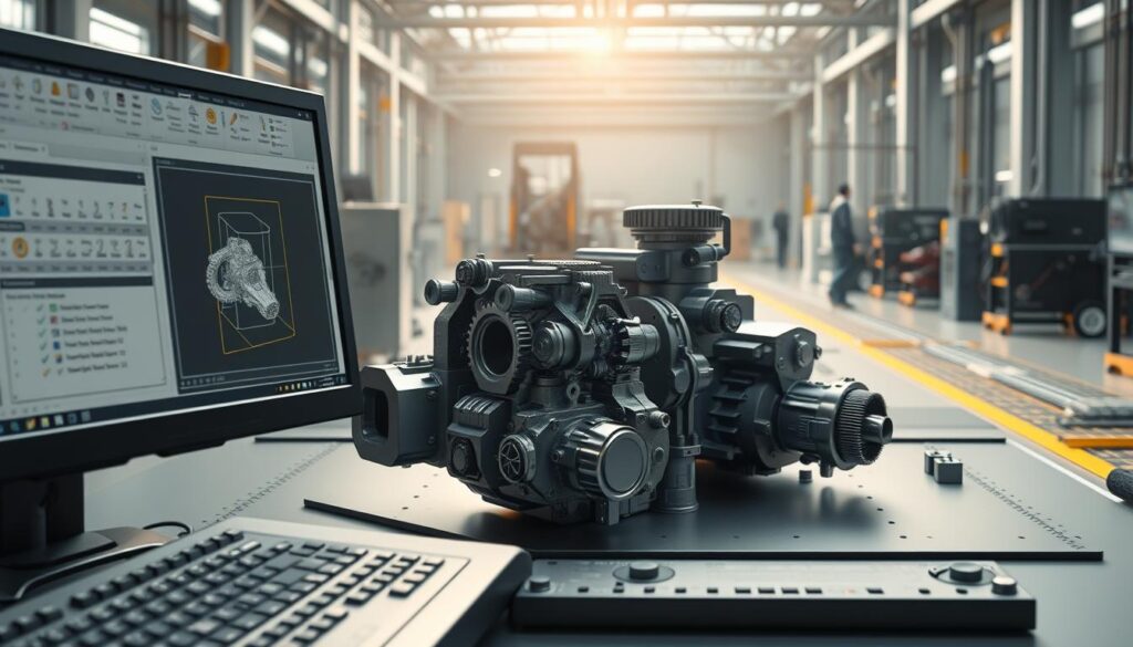 A highly detailed, realistic 3D render of a mechanical design tool, such as a CAD software interface or a 3D modeling workstation. The foreground should feature the tool's interface, including various control panels, menus, and visualization windows. The middle ground should showcase the 3D model being designed, with intricate mechanical parts and assemblies. The background should depict a modern, well-lit industrial or engineering environment, with technical equipment and devices. The lighting should be natural and directional, creating dramatic shadows and highlights to emphasize the tool's functionality and precision. The overall atmosphere should convey a sense of advanced technological capabilities and the power of parametric modeling techniques. A highly detailed, realistic 3D render of a mechanical design tool, such as a CAD software interface or a 3D modeling workstation. The foreground should feature the tool's interface, including various control panels, menus, and visualization windows. The middle ground should showcase the 3D model being designed, with intricate mechanical parts and assemblies. The background should depict a modern, well-lit industrial or engineering environment, with technical equipment and devices. The lighting should be natural and directional, creating dramatic shadows and highlights to emphasize the tool's functionality and precision. The overall atmosphere should convey a sense of advanced technological capabilities and the power of parametric modeling techniques.