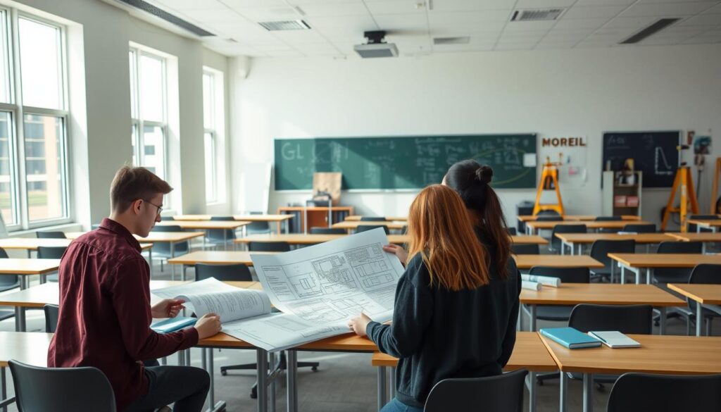 A large, airy classroom with rows of desks and chairs, sunlight streaming through the windows. In the foreground, a group of students engaged in a hands-on civil engineering project, examining blueprints and models. The middle ground features a chalkboard or whiteboard with technical diagrams and equations. The background showcases various engineering tools and equipment, hinting at the comprehensive nature of the curriculum. The overall scene conveys a sense of focused learning, collaboration, and the practical application of civil engineering principles.