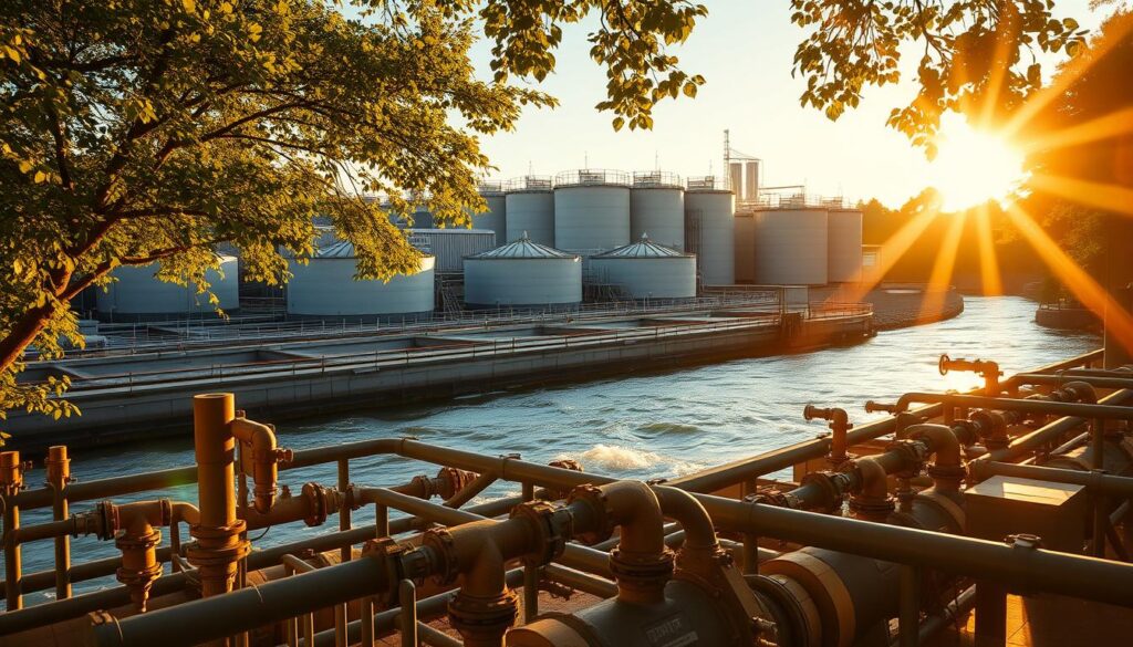 A large industrial complex with multiple cylindrical tanks and clarifiers, surrounded by leafy trees and a flowing river. The facility is bathed in warm, golden afternoon light, with sunbeams filtering through the trees. In the foreground, various pipes, valves, and monitoring equipment suggest a sophisticated wastewater treatment system. The overall scene conveys a sense of efficiency, environmental responsibility, and technological progress in addressing the critical challenge of wastewater management.