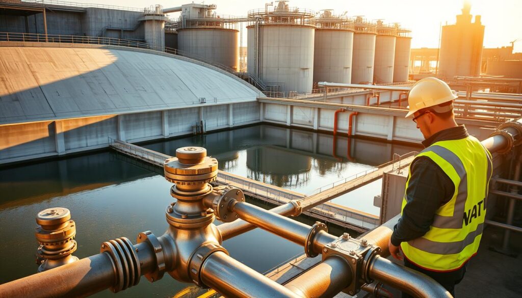 A large industrial wastewater treatment plant with massive concrete tanks and piping systems. In the foreground, a worker in a safety vest and hard hat inspects a valve on a stainless steel pipe. In the middle ground, clarification tanks with mechanical skimmers skim the surface, removing solids. In the background, a series of tall aeration tanks with fine bubble diffusers, oxygenating the wastewater. The facility is bathed in warm, golden afternoon sunlight, with shadows cast from the complex machinery and infrastructure. The overall scene conveys the scale, complexity, and importance of modern industrial wastewater treatment.