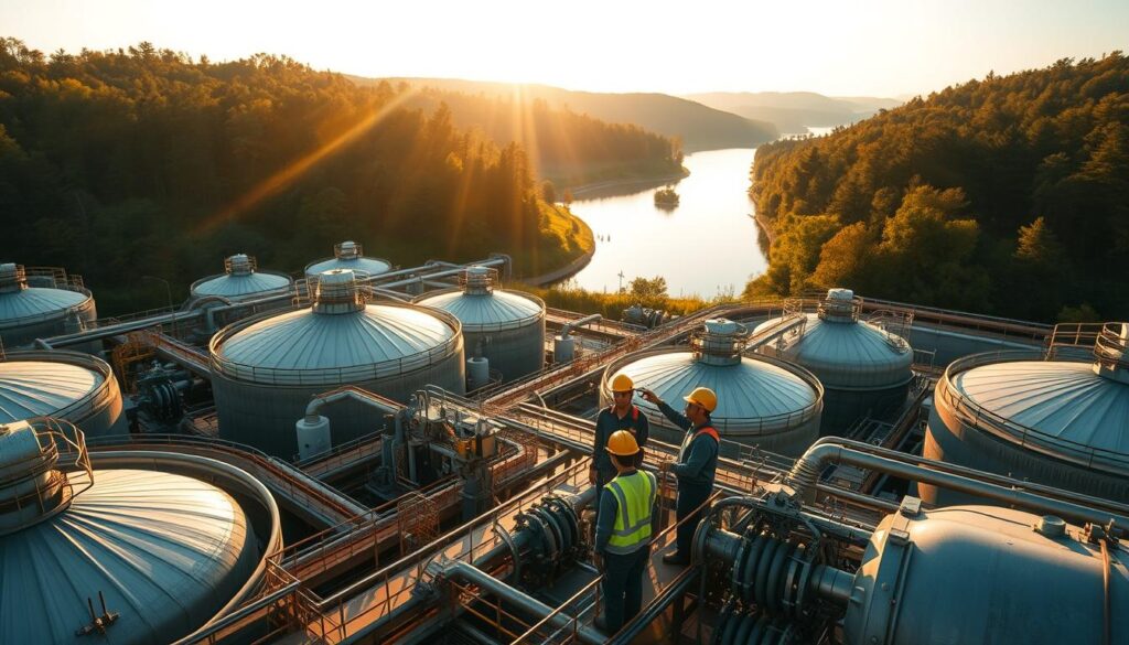 A large industrial water treatment plant with multiple tanks, filters, and pipes. The facility is surrounded by a lush, forested landscape with a calm river in the background. The scene is bathed in warm, golden sunlight, casting long shadows across the structures. In the foreground, a group of workers in protective gear perform maintenance checks on the equipment, their faces focused and determined. The overall atmosphere conveys a sense of vital importance and careful, meticulous attention to the treatment process. The image emphasizes the scale and complexity of the water purification system, hinting at the technical challenges and limitations involved in ensuring the safety and quality of the water supply.