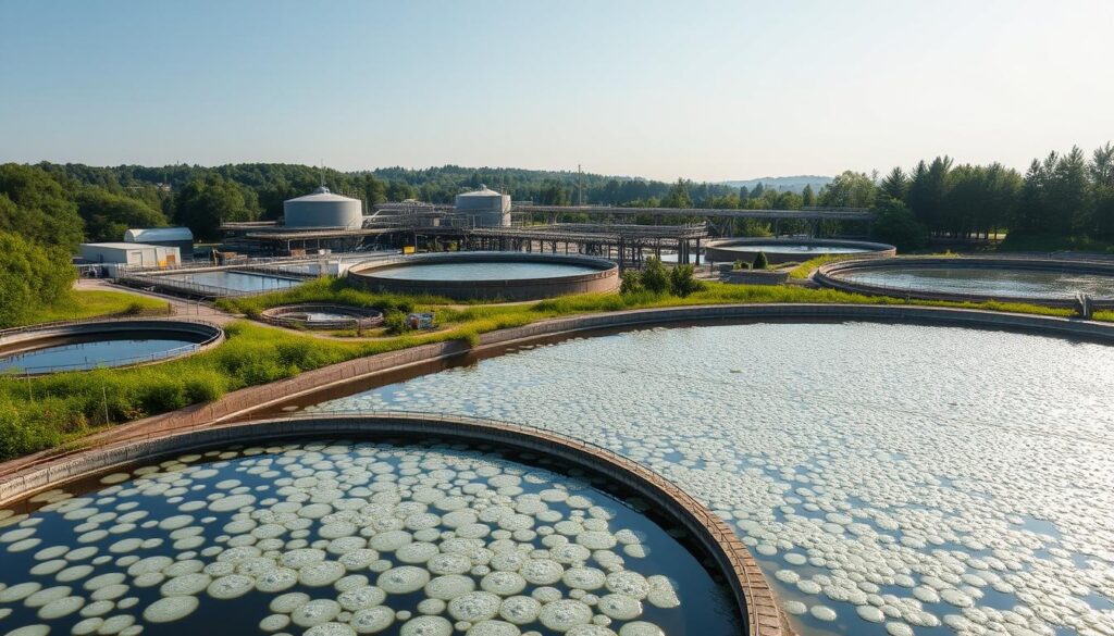 A large modern wastewater treatment plant nestled in a lush green landscape. In the foreground, a series of aeration tanks bubbling with active microorganisms that break down organic matter. The middle ground features sedimentation basins where solids settle out, while in the background, a network of pipes and clarifiers reflect the sunlight. The scene has a serene, industrial aesthetic, conveying the crucial role of wastewater treatment in maintaining a healthy environment. The lighting is natural and even, captured by a wide-angle lens to showcase the scale and complexity of the facility. An inspirational image that captures the fundamental concepts of wastewater management.