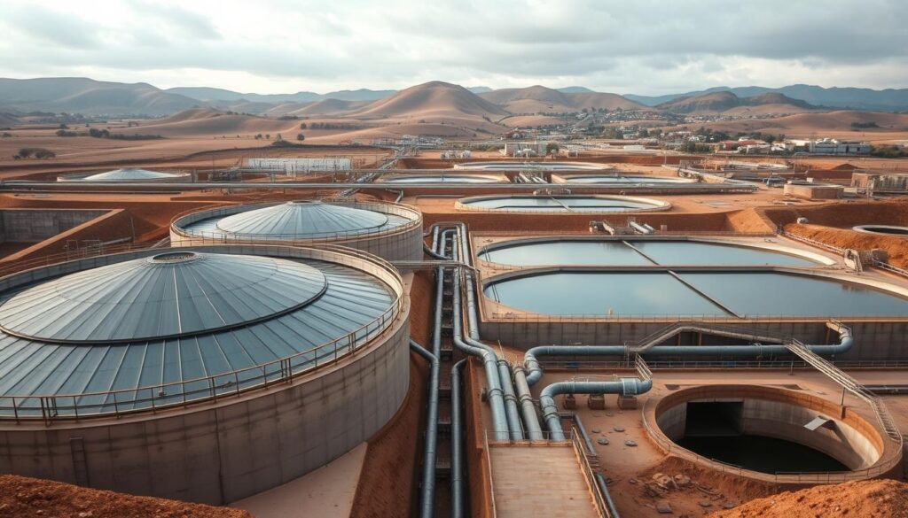 A large wastewater treatment plant in Morocco, with a series of sedimentation tanks, aeration basins, and clarifiers in the foreground. In the middle ground, underground sewer pipes and manholes stretch out, connecting to residential and commercial buildings. The background features rolling hills and a cloudy sky, creating a sense of scale and context. The overall scene has a technical, functional aesthetic, with clean lines, muted colors, and a focus on the infrastructure required for comprehensive wastewater management. Illuminated by soft, diffused natural lighting that casts long shadows, conveying a sense of order and efficiency.
