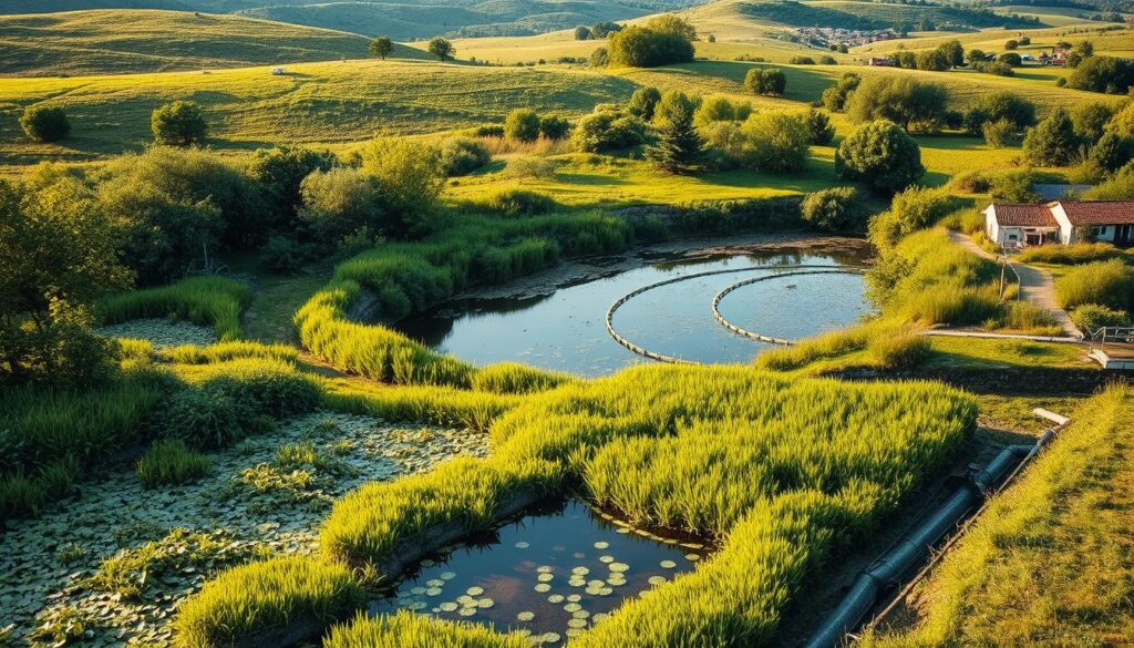 A lush, sustainable wastewater treatment system nestled in a verdant landscape. In the foreground, a series of natural, bio-based filtration beds and constructed wetlands gently purify the water. Mid-ground, a calm pond reflects the surrounding greenery, teeming with aquatic life. In the background, rolling hills dotted with trees and bushes create a tranquil, eco-friendly atmosphere. Warm, diffused sunlight illuminates the scene, casting soft shadows and highlighting the integration of the system within the natural environment. Technical details, such as discreet piping and monitoring equipment, are seamlessly incorporated, emphasizing the system's efficiency and low-impact design. A lush, sustainable wastewater treatment system nestled in a verdant landscape. In the foreground, a series of natural, bio-based filtration beds and constructed wetlands gently purify the water. Mid-ground, a calm pond reflects the surrounding greenery, teeming with aquatic life. In the background, rolling hills dotted with trees and bushes create a tranquil, eco-friendly atmosphere. Warm, diffused sunlight illuminates the scene, casting soft shadows and highlighting the integration of the system within the natural environment. Technical details, such as discreet piping and monitoring equipment, are seamlessly incorporated, emphasizing the system's efficiency and low-impact design.