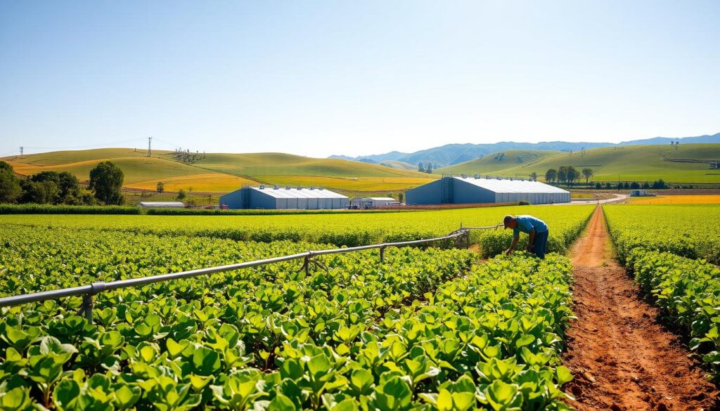 A lush, verdant agricultural landscape, with rows of crops thriving under the warm, golden sunlight. In the foreground, a farmer carefully tends to the irrigation system, diverting purified wastewater onto the fields. The middle ground showcases modern water treatment facilities, their sleek, angular designs blending seamlessly with the natural surroundings. In the background, rolling hills and a clear blue sky create a picturesque, pastoral scene. The overall atmosphere conveys a sense of sustainability, environmental harmony, and the productive reuse of valuable resources.