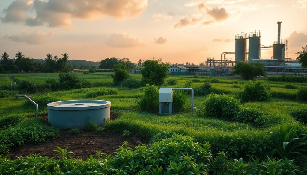 A lush, verdant landscape with a variety of sanitation systems prominently featured. In the foreground, a modern septic tank with its intricate drainage field. In the middle ground, a traditional composting toilet system nestled among natural vegetation. In the background, a large-scale municipal wastewater treatment plant with its towering silos and intricate piping, set against a softly clouded sky bathed in warm, golden lighting. The scene conveys the breadth and diversity of sanitation solutions, each playing a crucial role in maintaining environmental health and sustainability.