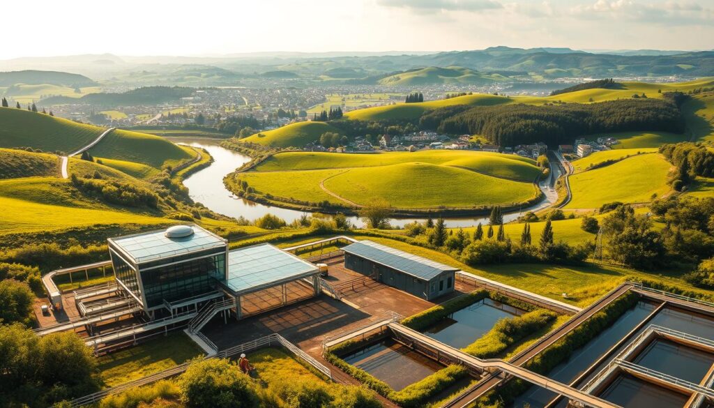 A lush, verdant landscape with rolling hills and a winding river. In the foreground, a modern sewage treatment plant nestled among the greenery, its sleek steel structures and glass panels reflecting the sunlight. Nearby, workers in hard hats and safety vests attend to the plant's operations, their movements captured in a dynamic, yet precise composition. The middle ground features a network of pipelines and drainage canals, conveying the complex infrastructure that supports the facility. In the distance, a vibrant town or village can be seen, highlighting the integration of the treatment plant within the local community. The scene is bathed in warm, golden hues, creating a sense of progress and environmental harmony.