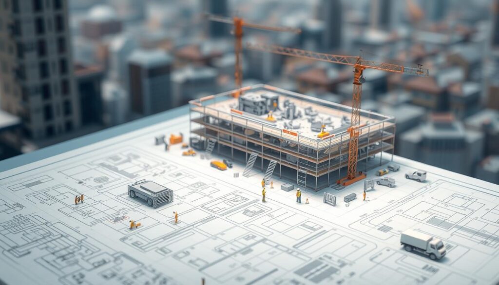 A meticulously designed construction site plan, rendered in a clean, technical style. In the foreground, a detailed schematic of various construction elements - scaffolding, machinery, and materials - arranged in a harmonious layout. The midground showcases an isometric view of the site, with workers, vehicles, and structures depicted in a precise, engineering-inspired manner. The background features a softly blurred cityscape, hinting at the project's urban context. The lighting is crisp and evenly distributed, casting subtle shadows that accentuate the technical precision. The overall atmosphere conveys a sense of professionalism, efficiency, and attention to detail - reflecting the successful execution of a construction project.