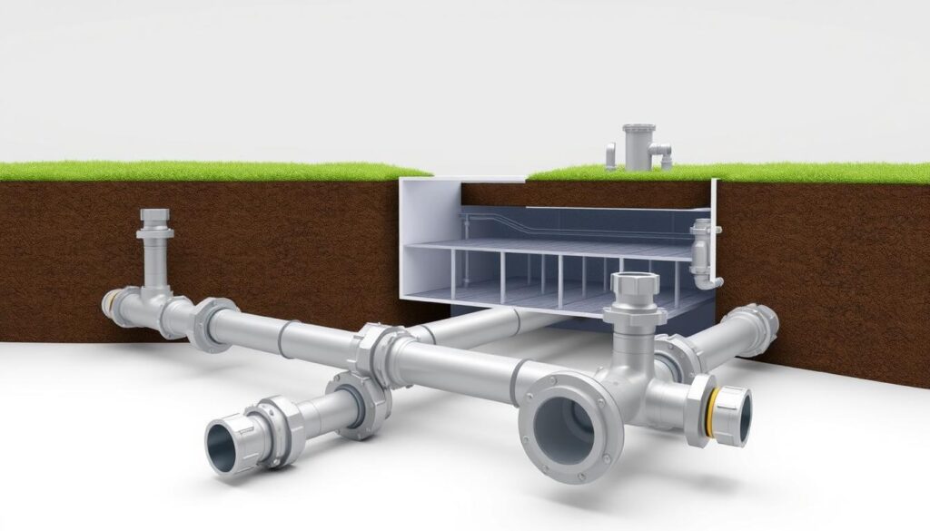 A meticulously detailed architectural rendering of a Covadis drainage system formation, showcasing its intricate components and efficient layout. The foreground features the main network of pipes, valves, and connectors, rendered with precise engineering precision. The middle ground presents a sectional view of the underground infrastructure, highlighting the strategic placement and interconnectivity of the elements. The background depicts a clean, well-lit environment, accentuating the system's streamlined design and seamless integration into the surroundings. The overall scene conveys a sense of technical proficiency, functionality, and the practical advantages of the Covadis formation in facilitating efficient wastewater management.