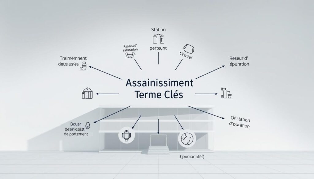 A meticulously detailed diagram showcasing the core technical terms related to sanitation engineering. In the foreground, a central node displays the phrase "Assainissement Termes Clés" in a bold, legible font. Radiating from this hub are interconnected terms such as "épuration des eaux usées", "traitement des boues", "réseau d'assainissement", and "station d'épuration", each represented by crisp, minimalist icons. The middle ground depicts a clean, architectural layout with subtle grid lines, suggesting the systematic organization of these key concepts. In the background, a soft, muted gradient creates a sense of depth and professionalism, while carefully placed lighting casts strategic shadows to enhance the technical, engineering-inspired aesthetic. The overall impression is one of clarity, precision, and comprehensive understanding of the essential vocabulary in the field of sanitation. A meticulously detailed diagram showcasing the core technical terms related to sanitation engineering. In the foreground, a central node displays the phrase "Assainissement Termes Clés" in a bold, legible font. Radiating from this hub are interconnected terms such as "épuration des eaux usées", "traitement des boues", "réseau d'assainissement", and "station d'épuration", each represented by crisp, minimalist icons. The middle ground depicts a clean, architectural layout with subtle grid lines, suggesting the systematic organization of these key concepts. In the background, a soft, muted gradient creates a sense of depth and professionalism, while carefully placed lighting casts strategic shadows to enhance the technical, engineering-inspired aesthetic. The overall impression is one of clarity, precision, and comprehensive understanding of the essential vocabulary in the field of sanitation.