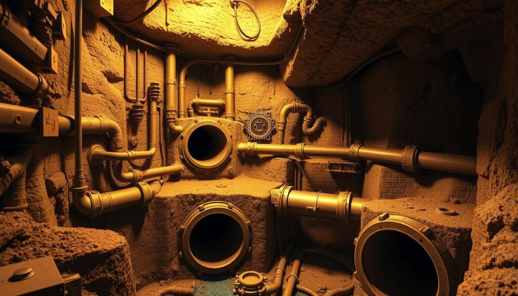 A meticulously detailed underground sewer system, showcasing a complex network of drainage pipes, manholes, and culverts. The scene is illuminated by warm, diffused lighting, casting soft shadows and highlighting the intricate engineering components. The perspective is a partial cross-section, revealing the structural layers and construction methods used in this comprehensive sewage management system. The overall mood is one of technical precision and functional elegance, befitting the "Méthodologie utilisée pour l'étude" section of the article on the Bab Sahra project. A meticulously detailed underground sewer system, showcasing a complex network of drainage pipes, manholes, and culverts. The scene is illuminated by warm, diffused lighting, casting soft shadows and highlighting the intricate engineering components. The perspective is a partial cross-section, revealing the structural layers and construction methods used in this comprehensive sewage management system. The overall mood is one of technical precision and functional elegance, befitting the "Méthodologie utilisée pour l'étude" section of the article on the Bab Sahra project.