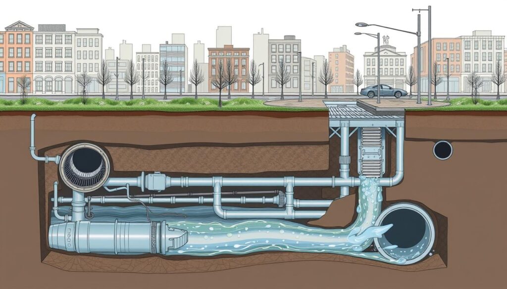 A meticulously detailed urban drainage system, captured in a technical illustration. In the foreground, a cutaway view showcases the intricate underground network of pipes, manholes, and drainage structures. Midground features surface-level drainage elements like catch basins and grates, seamlessly integrated into the urban landscape. The background depicts the cityscape, with buildings, streets, and pedestrian infrastructure, all designed to channel stormwater effectively. The scene is rendered with precision, using a technical illustration style that emphasizes technical accuracy and engineering principles. Muted colors, clean lines, and an overall sense of functionality convey the pragmatic nature of this critical urban infrastructure system. A meticulously detailed urban drainage system, captured in a technical illustration. In the foreground, a cutaway view showcases the intricate underground network of pipes, manholes, and drainage structures. Midground features surface-level drainage elements like catch basins and grates, seamlessly integrated into the urban landscape. The background depicts the cityscape, with buildings, streets, and pedestrian infrastructure, all designed to channel stormwater effectively. The scene is rendered with precision, using a technical illustration style that emphasizes technical accuracy and engineering principles. Muted colors, clean lines, and an overall sense of functionality convey the pragmatic nature of this critical urban infrastructure system.
