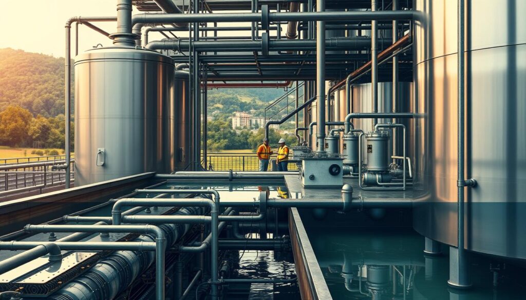 A meticulously engineered wastewater treatment plant, its sleek steel tanks and pipes bathed in warm, diffused lighting. In the foreground, a cutaway view reveals the intricate inner workings - cascading filtration systems, aeration chambers, and clarifying settling tanks. In the middle ground, technicians in protective gear monitor gauges and controls, overseeing the efficient purification process. The background depicts a lush, verdant landscape, suggesting the plant's harmonious integration with the natural environment. Subtle chromatic tones create a sense of industrial sophistication, while the overall composition conveys the importance of this step-by-step approach to sustainable wastewater management.
