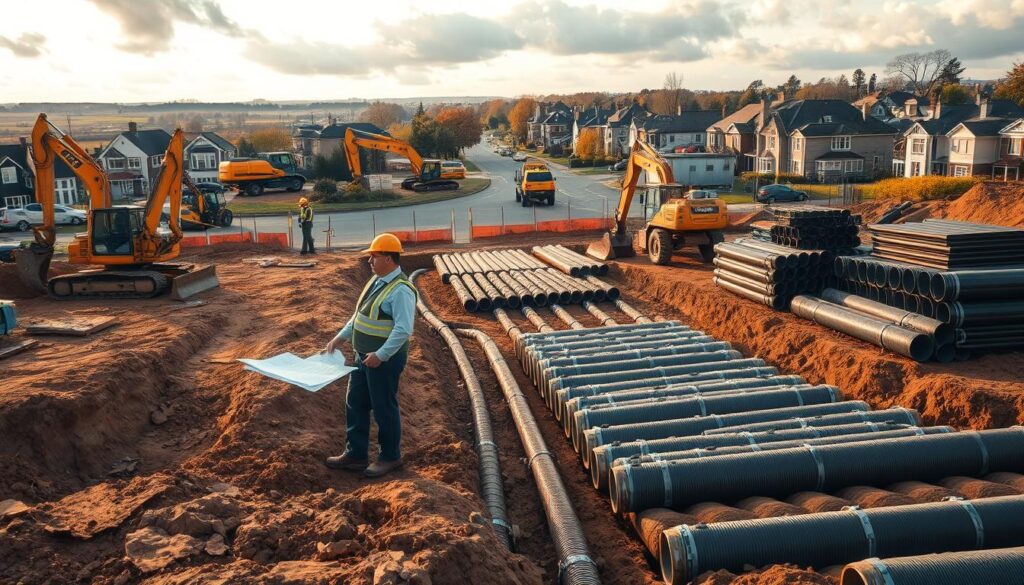 A meticulously planned construction site for municipal wastewater infrastructure. In the foreground, an engineer examines blueprints, surrounded by workers operating heavy machinery - excavators, backhoes, and pipe-laying equipment. The middle ground features rows of neatly stacked drainage pipes, ready for installation. In the background, a panoramic view of the neighborhood, with houses and trees hinting at the importance of this underground network. Warm, natural lighting filters through clouds, casting long shadows and creating a sense of purpose and organization. The scene conveys the careful coordination and attention to detail required for a successful sewage system upgrade project.