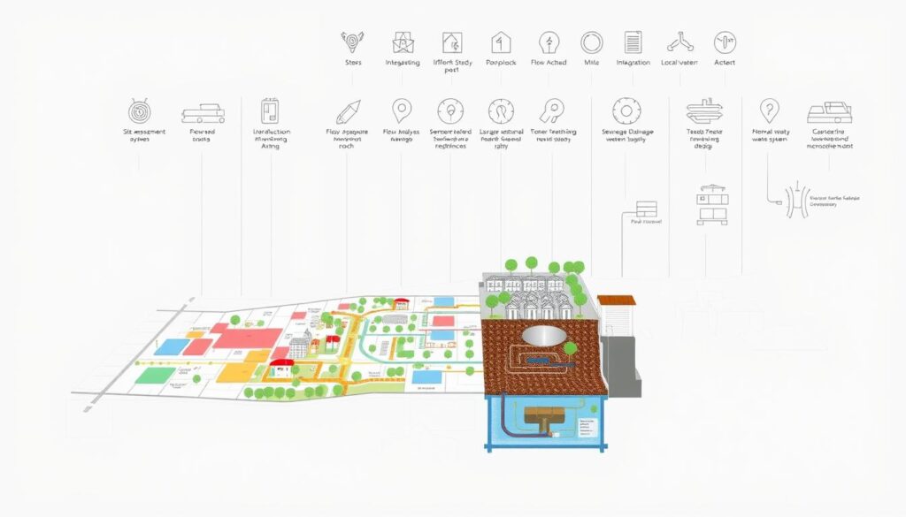 A meticulously rendered illustration depicting the stages of a comprehensive sanitation study for a residential development. In the foreground, an architectural plan of a neighborhood layout unfolds, color-coded to represent the various steps - site assessment, infrastructure mapping, flow analysis, and treatment system design. The middle ground features a cross-section diagram showcasing the underground drainage network, sewage treatment facilities, and integration with the local water supply. In the background, a series of technical icons and diagrams convey the technical complexity of the process, with a muted color palette and clean, minimalist aesthetics to evoke a sense of professionalism and attention to detail. The overall composition strikes a balance between technical precision and visual appeal, designed to educate and inform the reader about the comprehensive nature of a sanitation study.