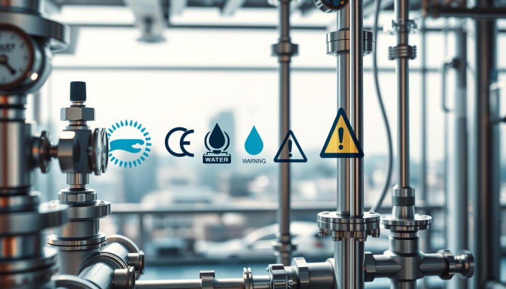 A meticulously rendered image of water treatment equipment and regulatory compliance symbols. In the foreground, a series of stainless steel pipes, valves, and gauges in a clean, well-lit industrial setting. In the middle ground, a series of certification symbols and warning signs denoting water safety standards and regulations. In the background, a blurred cityscape or landscape, suggesting the broader context of water infrastructure. Lighting is crisp and directional, casting subtle shadows that emphasize the technical details. The overall mood is one of professionalism, order, and attention to detail - reflecting the importance of adherence to water treatment norms and guidelines.