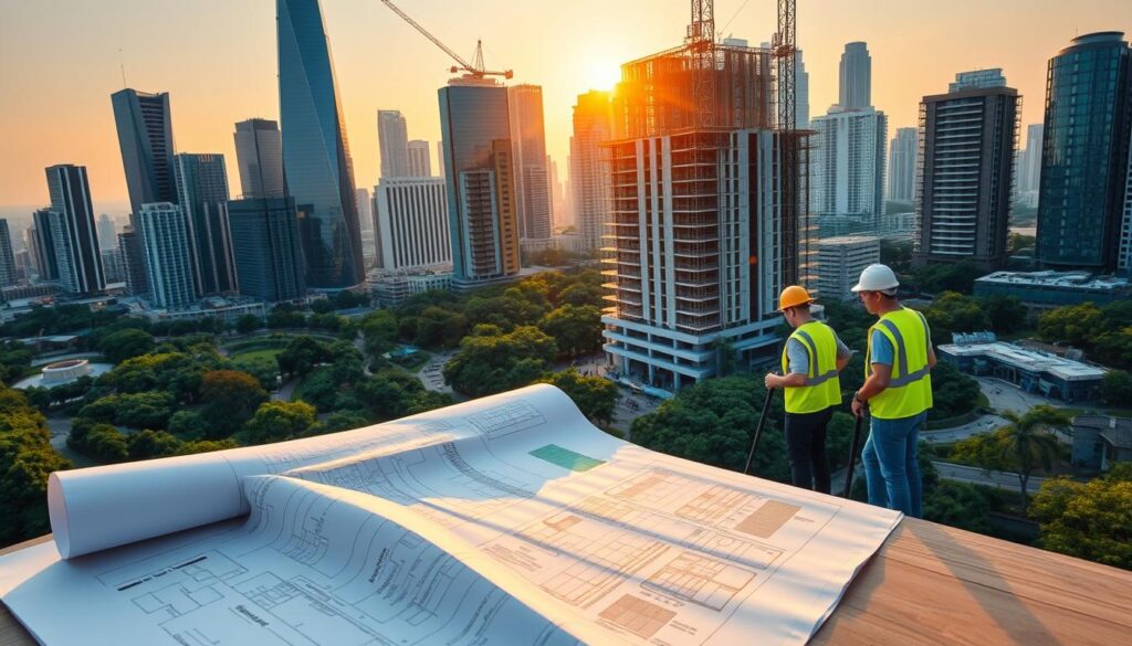 A modern city skyline with towering glass and steel buildings, bathed in a warm, golden glow from the setting sun. In the foreground, a set of architectural blueprints and technical documents are spread out on a drafting table, highlighting the sustainable construction regulations being implemented. The middle ground features construction workers in high-visibility vests, carefully assembling a new building using innovative, eco-friendly materials. In the background, lush green parks and gardens intertwine with the urban landscape, showcasing the integration of nature and sustainable design. The scene conveys a sense of progress, modernity, and a commitment to building a more sustainable future.