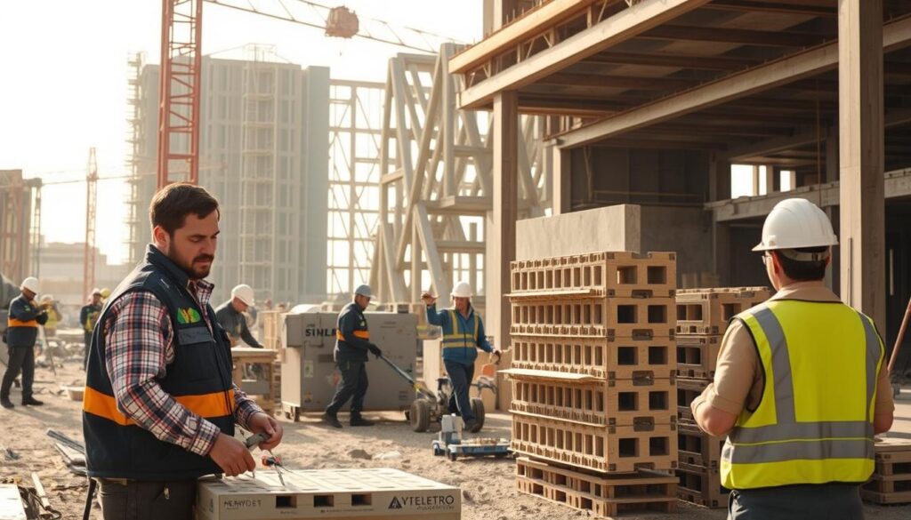 A modern construction site bustling with activity, showcasing the challenges of adopting new sustainable building materials. In the foreground, workers carefully handle and assemble innovative modular components, their expressions focused and determined. In the middle ground, advanced equipment and tools stand ready to facilitate the integration of these novel materials. The background reveals a partially constructed structure, its angular lines and unique textures hinting at the potential of these cutting-edge solutions. Soft, warm lighting illuminates the scene, creating a sense of progress and optimism amidst the complexities of the transition. The atmosphere conveys a blend of technical expertise, problem-solving, and a commitment to a more sustainable future in construction.