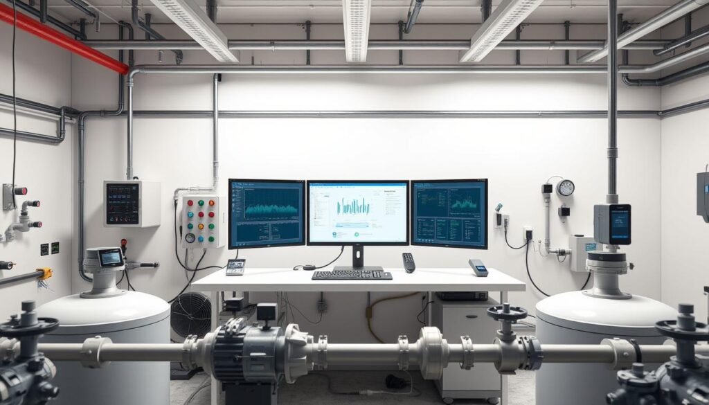 A modern digital wastewater treatment facility, with a clear focus on the key software tools and hardware components essential for effective water management. The scene depicts a well-lit, minimalist laboratory setting, featuring a central workstation with high-resolution displays showcasing real-time data visualizations and process control interfaces. Surrounding the workstation are various specialized instruments and sensors, including flow meters, pH probes, and monitoring devices, all seamlessly integrated into a comprehensive digital ecosystem. The overall atmosphere conveys a sense of technological sophistication and environmental responsibility, reflecting the advanced techniques employed in wastewater processing.