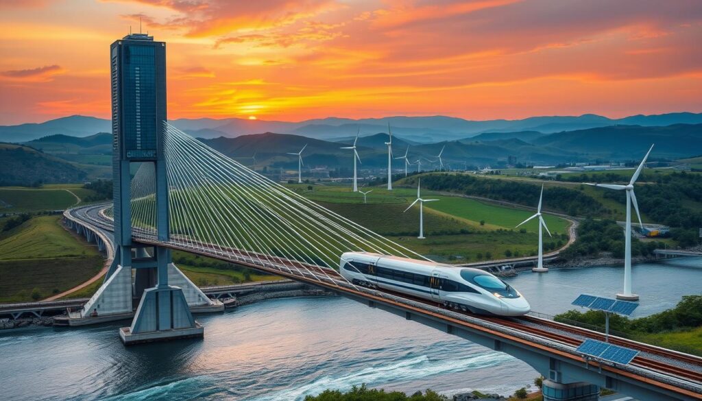 A modern, glass-and-steel skyscraper rises majestically against a backdrop of rolling hills and a vibrant sunset sky. In the foreground, a futuristic suspension bridge curves gracefully over a sparkling river, its sleek cables and minimalist design showcasing innovative civil engineering. In the middle ground, a high-speed rail line cuts through the landscape, its sleek bullet train zipping past wind turbines and solar panels, symbols of sustainable infrastructure. The scene conveys a sense of technological progress and environmental consciousness, capturing the essence of cutting-edge civil engineering projects that are shaping the future of the built environment.