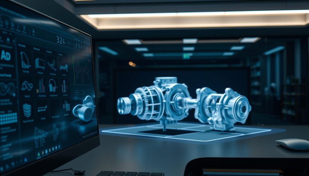 A modern, high-tech computer-aided design (CAD) software interface, showcasing a variety of 2D and 3D design tools and capabilities. The foreground displays a sleek, intuitive user interface with clean lines, intuitive icons, and a minimalist aesthetic. The middle ground features a complex 3D model of a mechanical part or assembly, with intricate details and precise engineering. The background portrays a dimly lit, professional office setting, with subtle lighting accents and a sense of technical sophistication. The overall mood is one of efficiency, precision, and technological prowess, reflecting the power and versatility of the CAD software.