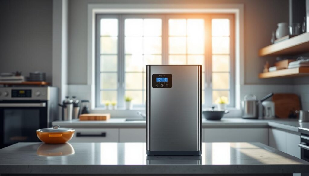 A modern kitchen interior with a sleek, stainless steel water softener system prominently placed on the countertop. Soft, natural lighting filters in through large windows, casting a warm, inviting glow across the scene. The water softener's digital display and controls are clearly visible, showcasing its intuitive design and functionality. In the background, various household appliances and cookware create a sense of everyday domestic life, highlighting the water softener's practical application in a real-world setting. The overall atmosphere is one of efficiency, convenience, and a commitment to clean, filtered water for everyday use.