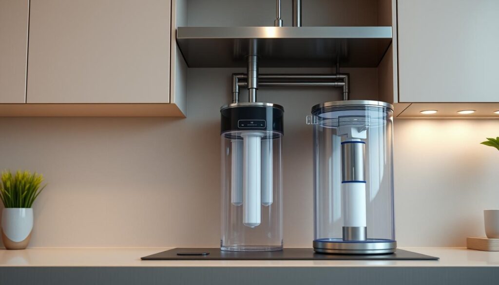 A modern kitchen interior with a stainless steel water purifier system installed under the sink. The purifier is made of clear acrylic housing, showcasing the intricate filtration system within. Soft, even lighting illuminates the scene, highlighting the sleek, minimalist design of the purifier. The surrounding countertop and cabinets are a neutral, muted color palette, allowing the purifier to be the focal point. The overall atmosphere is one of functionality and efficiency, conveying the practical benefits of owning a water purifier for home use.