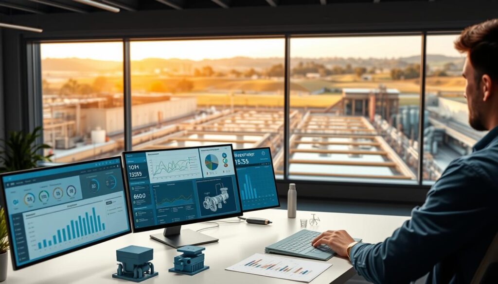 A modern office setting with a large desk featuring various software applications and tools for managing wastewater infrastructure. In the foreground, a user navigates an intuitive dashboard displaying real-time data on system performance, maintenance schedules, and compliance reports. The middle ground showcases 3D models and schematics of different sewage treatment components, while the background features a panoramic view of a wastewater treatment plant, bathed in warm, natural lighting. The scene conveys a sense of efficiency, organization, and technological sophistication in the field of wastewater management.