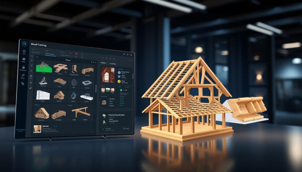 A modern, professional-looking 3D rendering of a comprehensive wood framing software application, showcasing its user interface and key features. The foreground depicts a clean, intuitive dashboard with design tools, material selection, and visualization options. The middle ground features a detailed 3D model of a timber-framed structure, allowing the user to explore the design in depth. The background has a subtle, technologically-advanced atmosphere with soft lighting and reflective surfaces, emphasizing the software's advanced capabilities. The overall scene conveys a sense of efficiency, precision, and the power of digital woodworking tools.