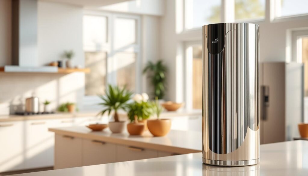 A modern, sleek water softener system prominently displayed in the foreground, its chrome and glass exterior gleaming under warm, directional lighting. The middle ground features a clean, minimalist kitchen counter, with plants and other home accents creating a serene, natural atmosphere. The background showcases a bright, airy room with large windows, allowing natural light to flood the space and highlight the water softener's efficient, space-saving design. The overall mood is one of sophistication, simplicity, and the effortless integration of cutting-edge water treatment technology into a contemporary home environment.