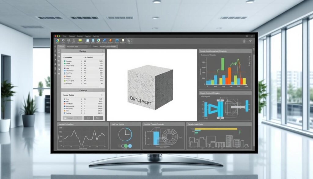 A modern software interface with a sleek, minimalist design showcasing various components of a structural analysis program for reinforced concrete. In the foreground, a central panel displays a 3D rendering of a concrete structure, with adjustable parameters and calculation results. The middle ground features a series of interactive graphs, charts, and design tools, allowing the user to analyze material properties, load cases, and structural integrity. The background depicts a serene, professional office setting with large windows, allowing natural light to flow in and create a calm, focused atmosphere. The entire scene conveys a sense of productivity, efficiency, and technical expertise in the field of reinforced concrete design.