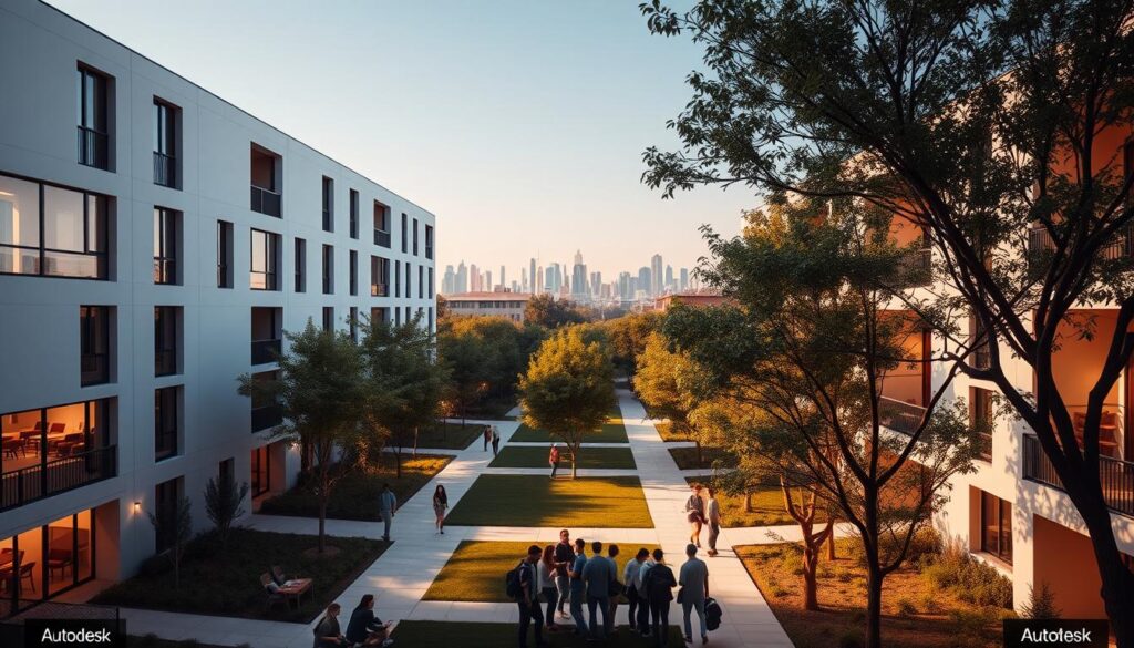 A modern, spacious student housing complex with sleek, minimalist architecture and ample natural lighting. The buildings are arranged in a clean, geometric layout, with large windows and balconies overlooking a lush, tree-lined courtyard. The scene is bathed in a warm, golden glow, creating a serene and inviting atmosphere. In the foreground, a group of students are gathered, engaged in various activities - studying, socializing, or simply enjoying the tranquil outdoor space. The middle ground features well-maintained pathways and landscaping, while the background showcases the city skyline, hinting at the proximity to Autodesk's educational resources. The overall impression is one of affordable, comfortable, and accessible student housing designed to support academic and personal growth.