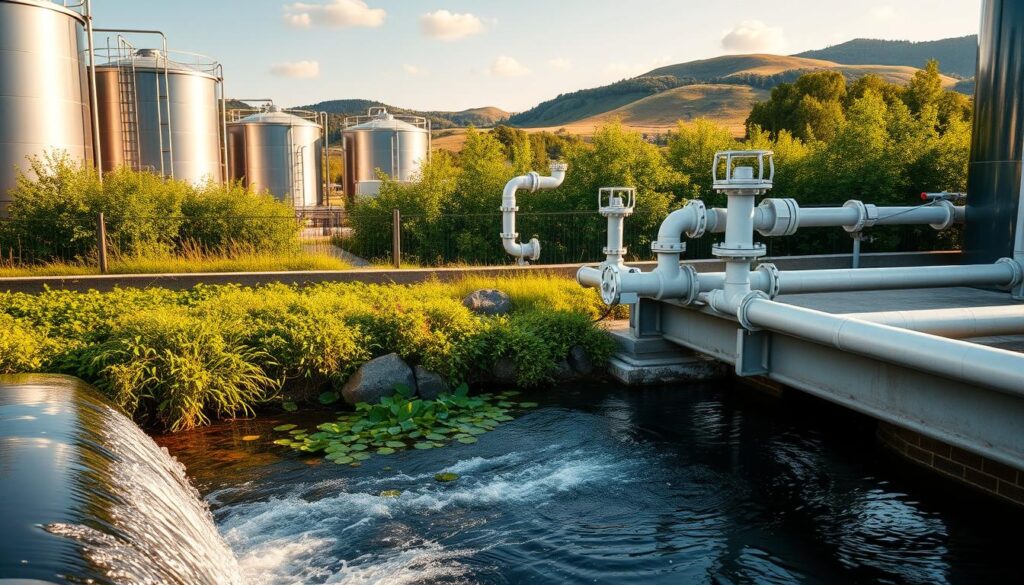 A modern wastewater treatment facility, with gleaming metal tanks and pipes against a backdrop of lush greenery. In the foreground, a clear stream of purified water cascades into a natural pond, surrounded by vibrant aquatic plants. The scene is bathed in warm, golden sunlight, conveying a sense of sustainability and environmental harmony. Pristine pipes and valves in the middle ground suggest advanced filtration and recycling technologies at work. In the distance, rolling hills and a cloudless sky complete the picturesque landscape, emphasizing the importance of responsible water management.