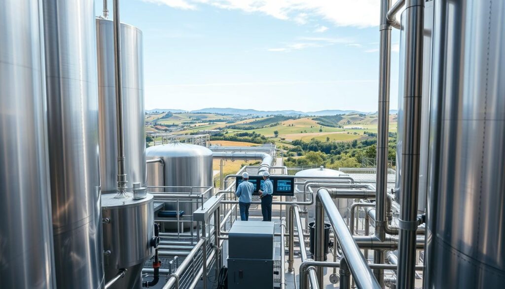 A modern water treatment plant with clean, industrial architecture. In the foreground, a series of large, cylindrical tanks and pipes in stainless steel, their metallic surfaces gleaming under bright, even lighting. In the middle ground, technicians in protective gear monitor digital control panels, overseeing the various stages of the water purification process. In the background, a panoramic view of the facility, surrounded by rolling hills and a clear blue sky, conveying a sense of efficiency, environmental stewardship, and compliance with regulatory standards.