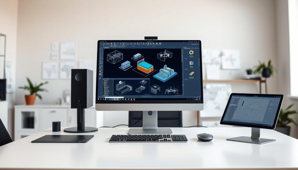 A modern, well-designed civil engineering software suite showcased on a sleek, professional-looking desktop computer setup. The foreground features the software's user interface, displaying 3D models, diagrams, and analysis tools. The middle ground shows peripheral devices like a high-resolution display, CAD mouse, and digitizer tablet, all with a minimalist aesthetic. The background subtly suggests a productive, well-equipped engineering office environment, with clean lines, muted colors, and ample natural lighting. The overall scene conveys the power, efficiency, and accessibility of a free, high-quality civil engineering software solution.