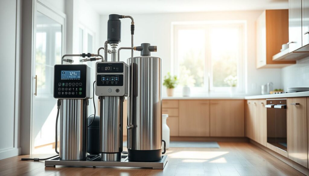 A modern, well-designed domestic water treatment system situated in a bright, airy kitchen setting. In the foreground, a sleek, stainless steel filtering unit with digital controls and intuitive displays. Surrounding it, a range of advanced components like UV disinfection chambers, activated carbon filters, and intelligent sensors. In the middle ground, tidy plumbing and tubing seamlessly integrated into the kitchen cabinetry. In the background, natural light floods the space through large windows, casting a warm, inviting glow. The overall scene conveys a sense of efficiency, reliability, and environmentally-conscious home design.
