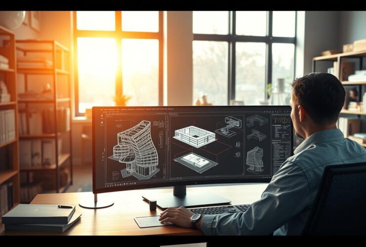 A modern, well-lit architectural studio with a large AutoCAD workstation in the foreground. The user is working intently on the screen, drafting intricate 3D floor plans and building models. In the background, shelves display technical manuals, reference materials, and architectural models. Warm, natural lighting filters through windows, casting a soft glow over the space. The atmosphere is one of focused productivity and creative problem-solving, reflecting the subject of a "complete beginner's guide to AutoCAD architecture formation".