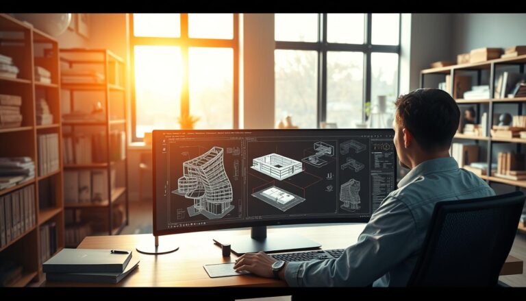 A modern, well-lit architectural studio with a large AutoCAD workstation in the foreground. The user is working intently on the screen, drafting intricate 3D floor plans and building models. In the background, shelves display technical manuals, reference materials, and architectural models. Warm, natural lighting filters through windows, casting a soft glow over the space. The atmosphere is one of focused productivity and creative problem-solving, reflecting the subject of a "complete beginner's guide to AutoCAD architecture formation".