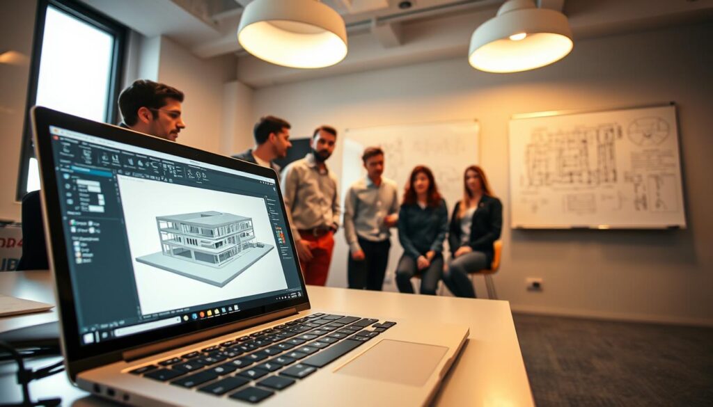 A modern, well-lit interior of an AutoCAD Architecture training session. In the foreground, a laptop with the AutoCAD software interface open, showcasing a 3D model of a building. In the middle ground, a group of students intently studying the model, their faces illuminated by the soft glow of the screen. In the background, a large whiteboard with technical drawings and annotations, creating an atmosphere of focused learning. The lighting is warm and inviting, with a sense of productivity and progress. The overall scene conveys the objectives of a comprehensive AutoCAD Architecture training for beginners: mastering the software, understanding 3D modeling, and gaining the skills to design architectural projects.