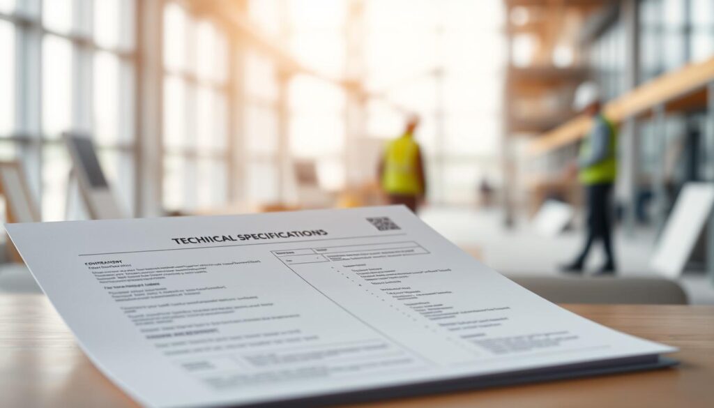 A neatly organized construction site document, showcasing a technical specifications sheet. The foreground displays the document in an elegant, minimalist design, with a soft, muted color palette. The middle ground features a blurred backdrop of a construction site, with workers and machinery in the distance, conveying a sense of professionalism and attention to detail. The lighting is soft and diffused, creating a calming, office-like atmosphere. The angle is slightly elevated, giving the impression of a thoughtful, considered perspective. The overall impression is one of a well-crafted, informative technical document that serves as a valuable resource for construction project management.
