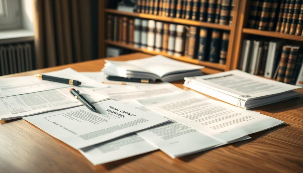 A neatly organized desk with an assortment of administrative documents, including official forms, contracts, and business letters. The papers are meticulously arranged, suggesting a sense of order and compliance. Soft, directional lighting from a nearby window illuminates the scene, casting a warm, professional glow. In the background, a bookshelf filled with reference materials and legal volumes provides a subtle sense of authority. The overall atmosphere conveys the importance of staying compliant with legal requirements in the management of a construction project.