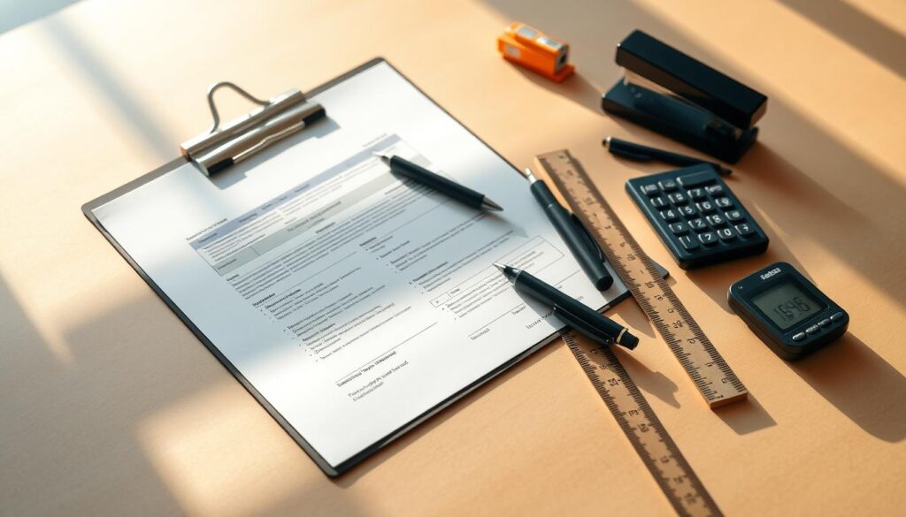 A neatly organized worksite desk with a variety of administrative tools, including a clipboard, documents, a pen, a ruler, a calculator, and a stapler, all arranged in a visually appealing composition. The desk is illuminated by a warm, natural light that casts gentle shadows, creating a sense of depth and texture. The background features a blurred, neutral-toned backdrop, allowing the foreground objects to take center stage. The overall mood is one of efficiency, organization, and professionalism, reflecting the importance of proper document management in construction site operations.