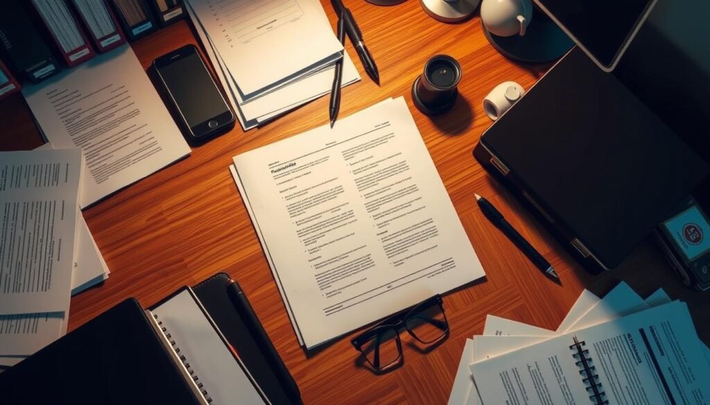 A neatly organized workspace with an array of official-looking documents, folders, and desk accessories. A sense of professionalism and attention to detail pervades the scene. Warm, directional lighting casts subtle shadows, emphasizing the textures of the papers and wood grain. The camera angle is slightly elevated, giving a bird's-eye view that showcases the orderly arrangement of the administrative items. An atmosphere of diligence and administrative competence pervades the image, alluding to the care and thoroughness required when managing important paperwork.