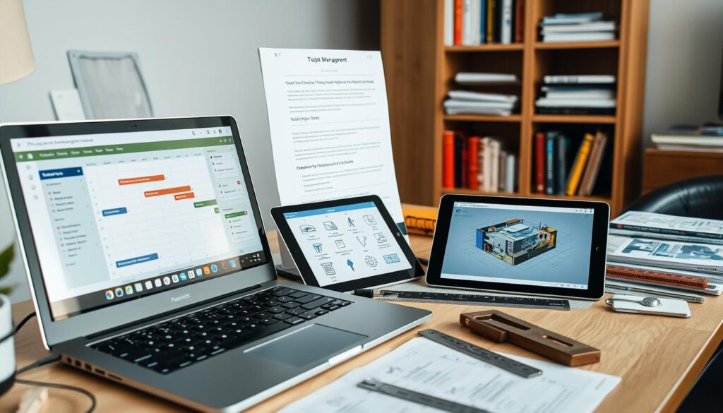 A neatly organized workspace with an array of project management tools for environmental engineering students. In the foreground, a laptop displays a Gantt chart, task management software, and a calendar. Nearby, a tablet showcases 3D modeling and simulation apps. In the middle ground, rulers, protractors, and technical manuals are arranged on a desk, while a bookshelf in the background holds textbooks and reference guides. Soft, natural lighting illuminates the scene, conveying a sense of focus and productivity. The overall atmosphere is one of intentionality and academic rigor, tailored to the needs of students pursuing a career in sanitation and environmental restoration.