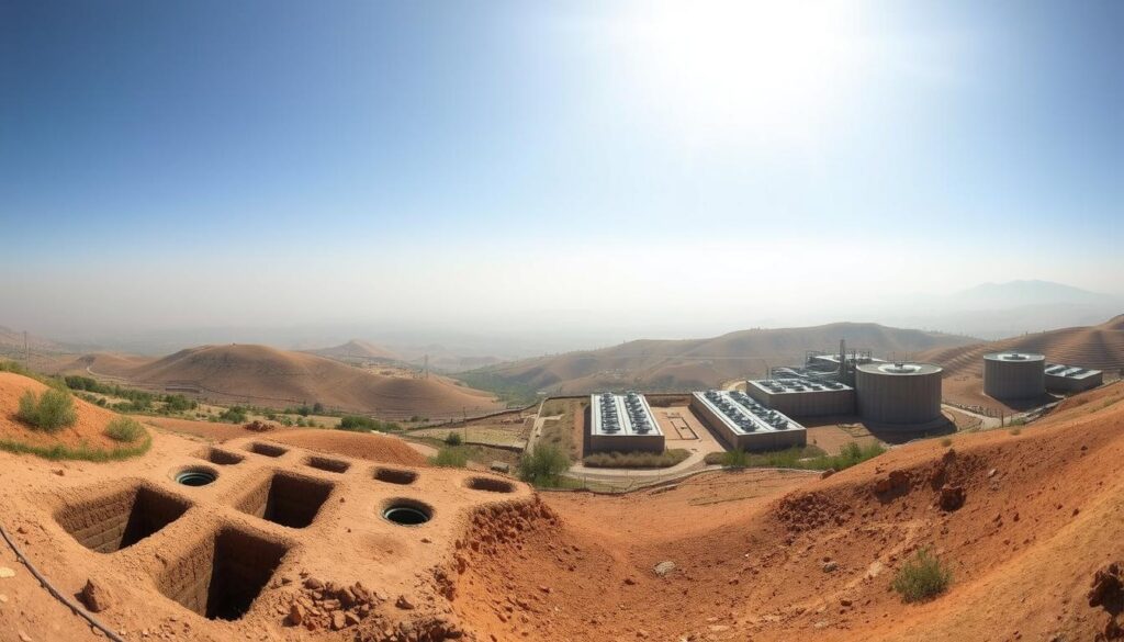 A panoramic landscape depicting the evolution of sanitation systems in Morocco. In the foreground, a series of primitive pit latrines and septic tanks from the early 20th century. The middle ground showcases the gradual transition to modern sewage treatment plants, their angular concrete structures contrasting with the rolling hills in the background. A hazy horizon evokes the environmental impact of inadequate sanitation, while rays of sunlight pierce through, symbolizing Morocco's progress towards sustainable water management. The scene is captured with a wide-angle lens, emphasizing the scale and scope of this infrastructure transformation over time.